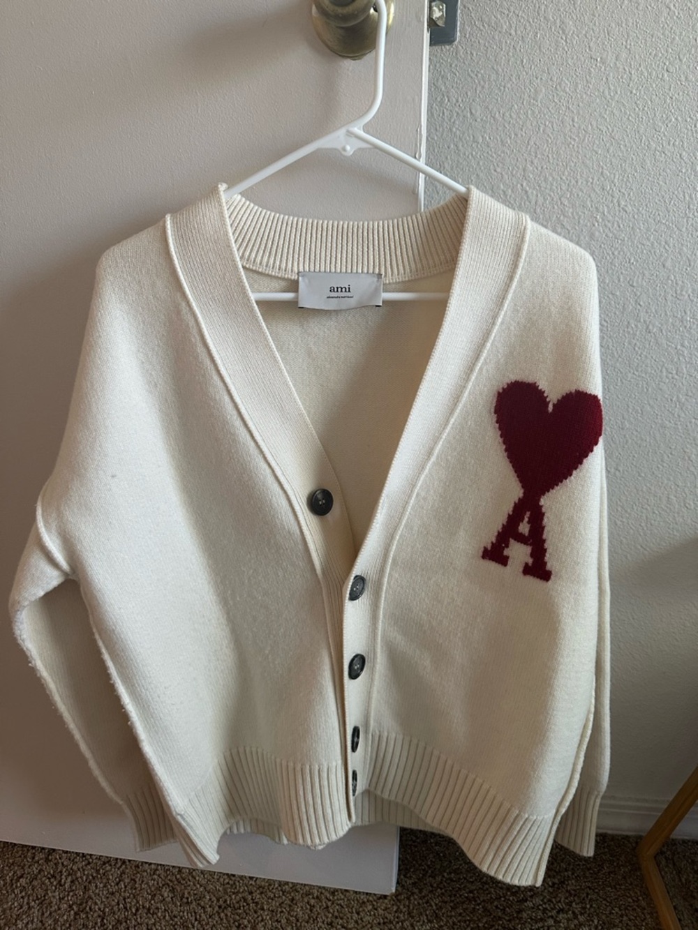 Ami Cream Cardigan with Burgundy Heart A Patch